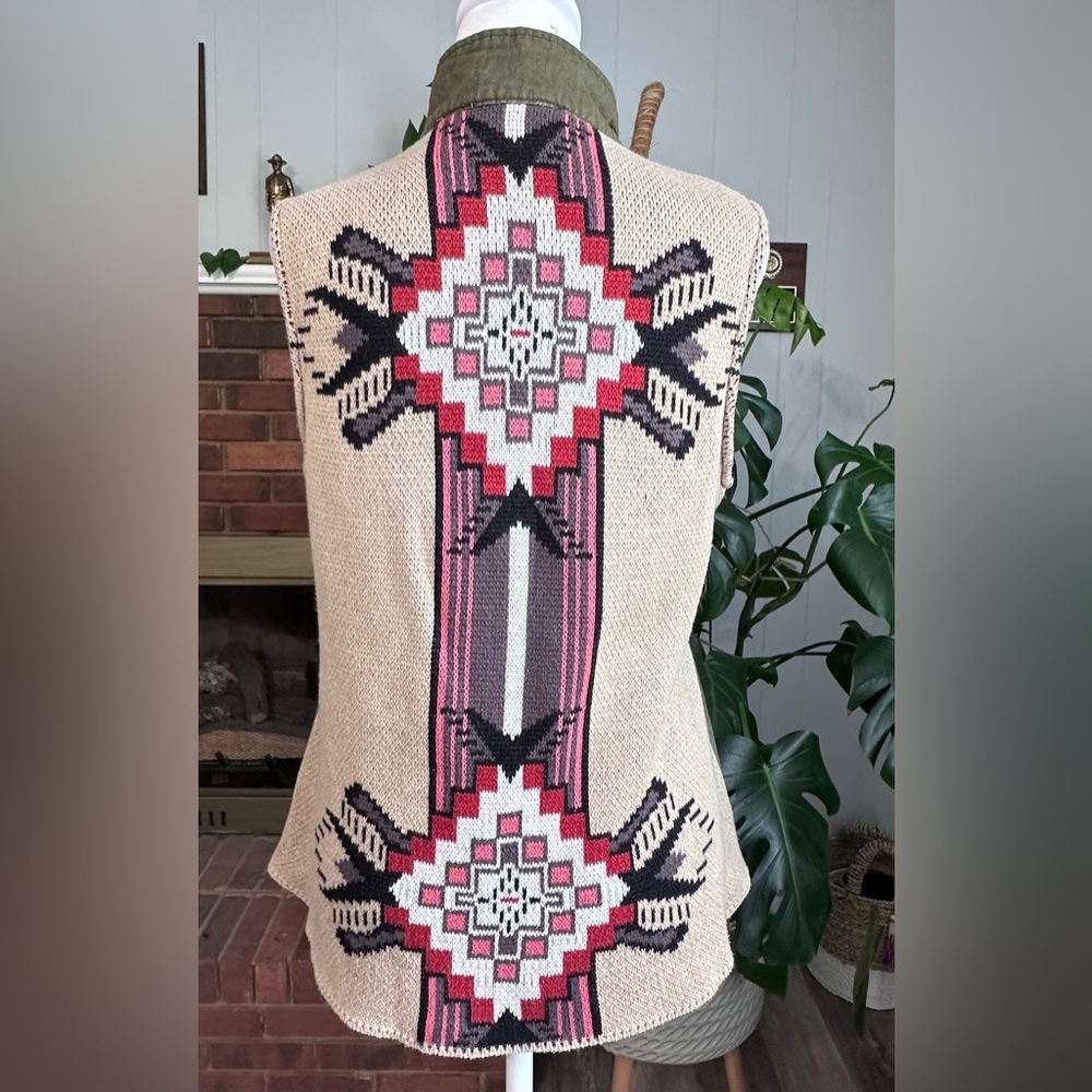 Blu Pepper Beige Aztec Knit Vest with Red Black Pink Pattern